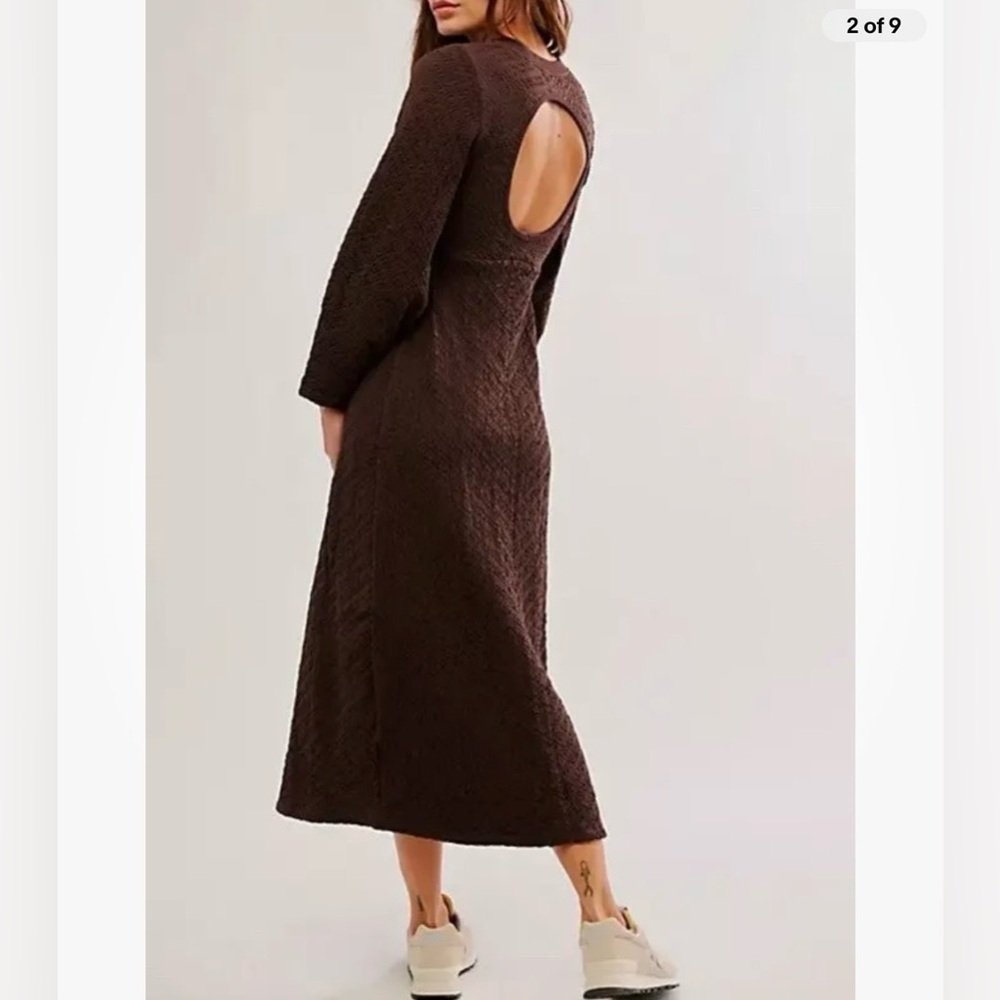 Free People Gabby Seamless Midi Dress Fall Textured Long-Sleeve Open Back  XS S - Picture 2 of 9